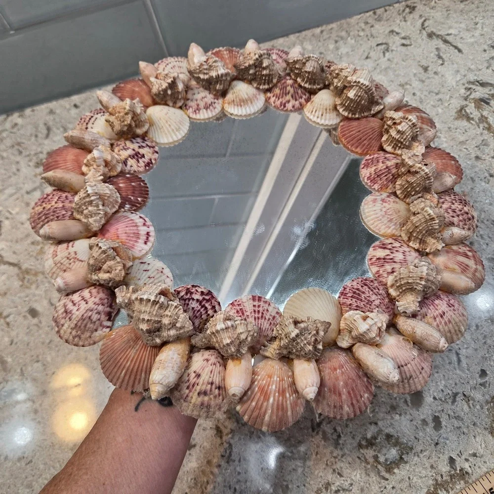 Vintage Handmade Seashell Wall Mirror Round Coastal Beach Decor Pink White 12